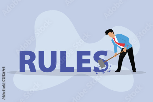 Businessman hitting word of rules with hammer 2d vector illustration