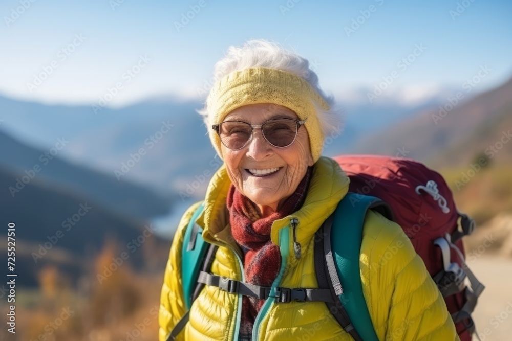 Portrait of senior woman hiking in mountains. Active senior female with backpack and hat