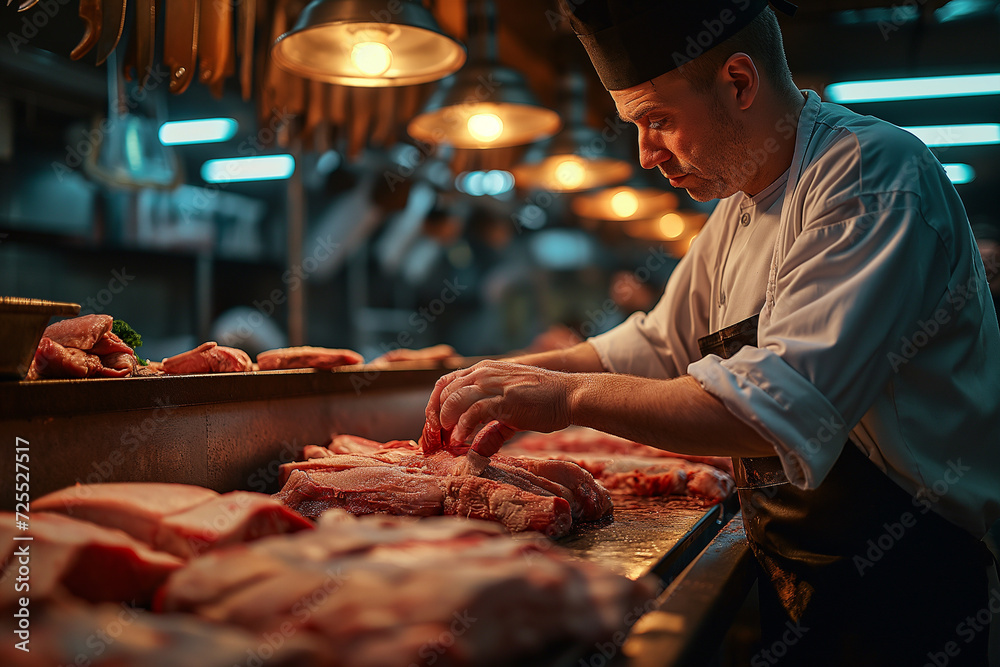 A butcher cuts and checks pork at the workplace