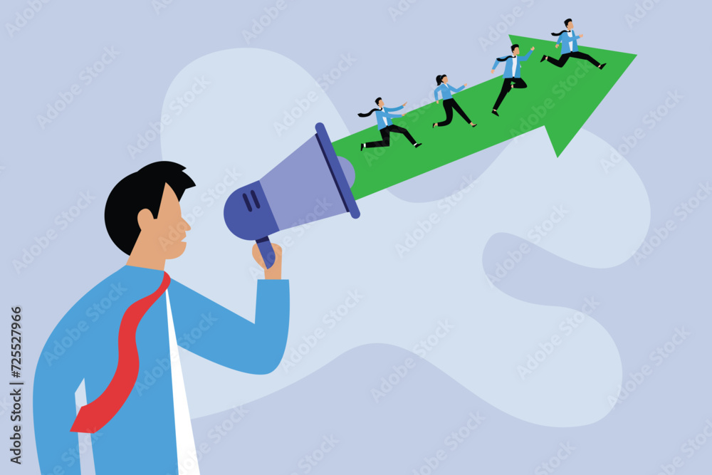Fototapeta premium Businessman with megaphone motivate employees to walk up arrow 2d vector illustration