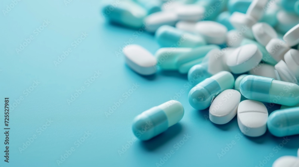 Closeup medical pills and capsules on a blue background. Medicine for treatment. Pharmaceuticals Closeup medical pills and capsules on a blue background. Medicine for treatment. Pharmaceuticals