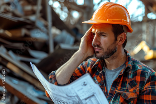 A construction manager on a building site, holding blueprints and rubbing their temples in frustration photo