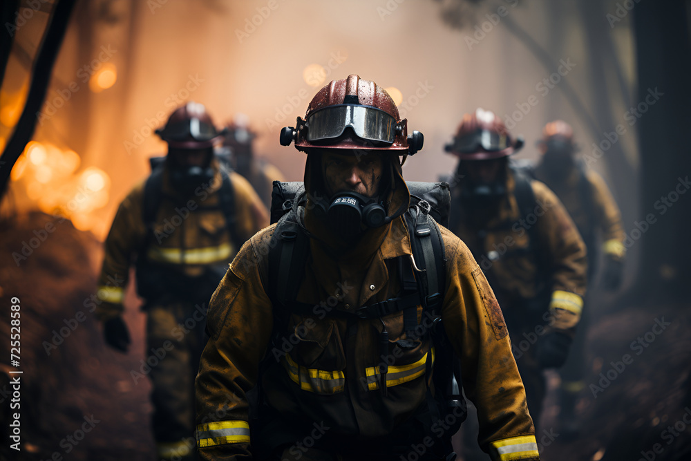 Fire rescue team returns from a forest fire generated AI