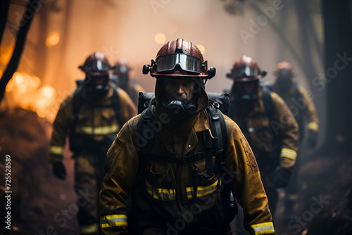 Fire rescue team returns from a forest fire generated AI