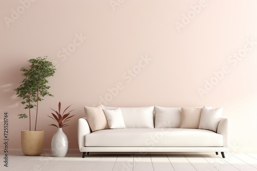 beige couch with plants in front of a beige wall