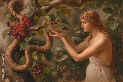 The critical moment in Eden with Eve reaching for the forbidden fruit, under the serpent's sly gaze, as paradise stands on the cusp of change.