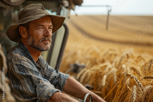 Mature farmer in a combine harvesting wheat.