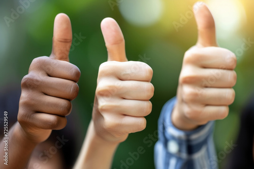 Multiracial team of people showing thumbs up together. Group of happy multiethnic male and female colleagues doing thumbs up gestures. Teamwork concept photo