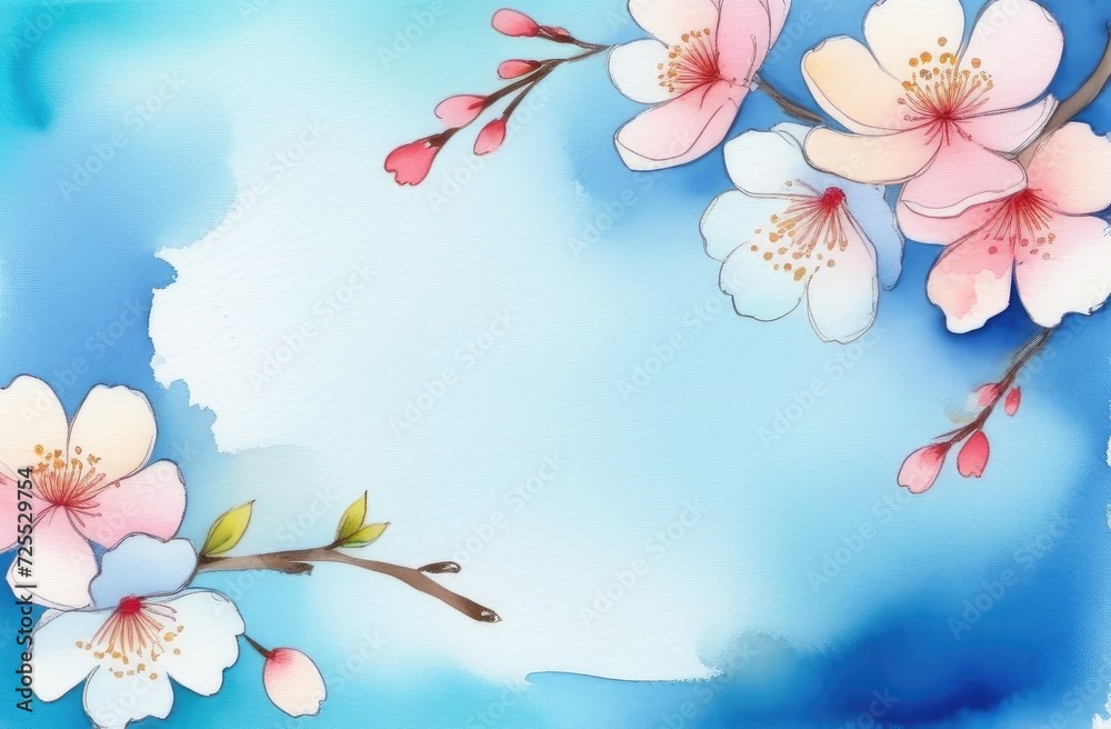 Sakura flowers on a blue background watercolor. The banner. Space for text, free space. A spring postcard.