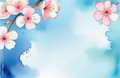 Sakura flowers on a blue background watercolor. The banner. Space for text, free space. A spring postcard. photo