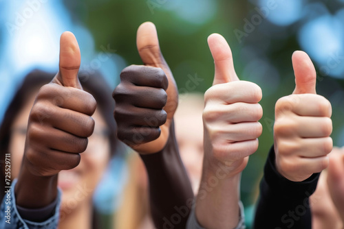 Multiracial team of people showing thumbs up together. Group of happy multiethnic male and female colleagues doing thumbs up gestures. Teamwork concept