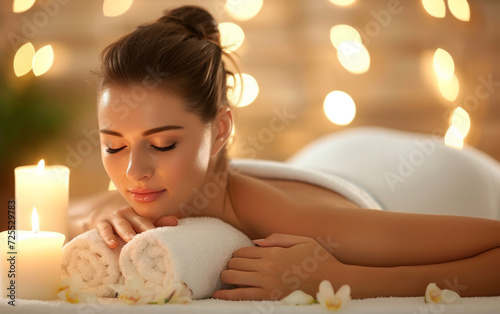 zrelaksowana, piękna, uśmiechnięta kobieta podczas wizyty w spa
