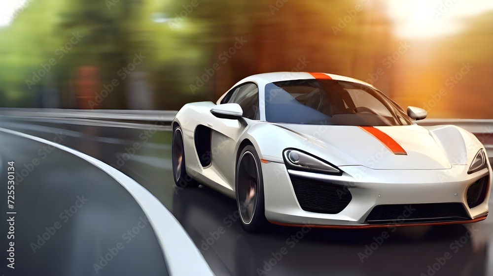 High-speed supercar on the Highway. White racing sport car speeding across a wintry terrain