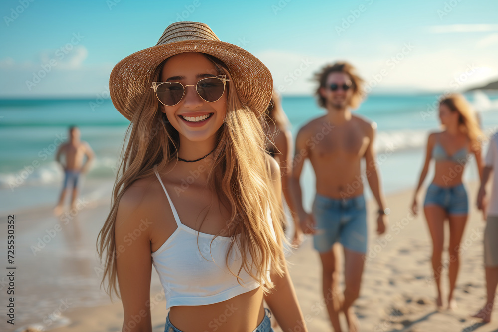 A happy young woman with sunglasses enjoys a summer day on the beach with friends, embodying the spirit of vacation and leisure. A happy young woman with sunglasses enjoys a summer day on the beach with friends, embodying the spirit of vacation and leisure.