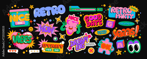 Cartoon retro stickers comic. Bright trendy patches  labels emotions. Vector doodle groovy funky mascots in 90s style