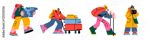 Cartoon characters of travelers and tourists. Excursion group with a map, backpack with guide. retro vacation with tent, tourism elements