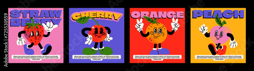 Fruit cartoon characters from the 90s. Trandy poster. funny colorful characters in doodle style, cherry, orange, peach, strawberry, with gloved hands. Vector groovy illustration with typography