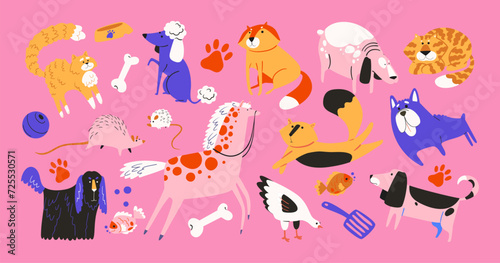 Cute pets cats and dogs in groovy style 90s. cartoon puppies characters in retro style. Animals veterinarian zoo stickers 