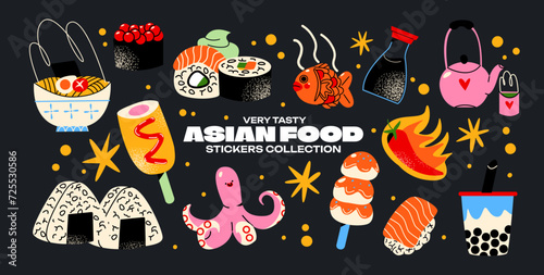 Asian cuisine cartoon set of stickers in retro 90s style. Food, dishes, ramen, noodles, sushi, traditional dishes. Japanese cafe bar restaurant. Vector shapes of national East Asian Japanese and China
