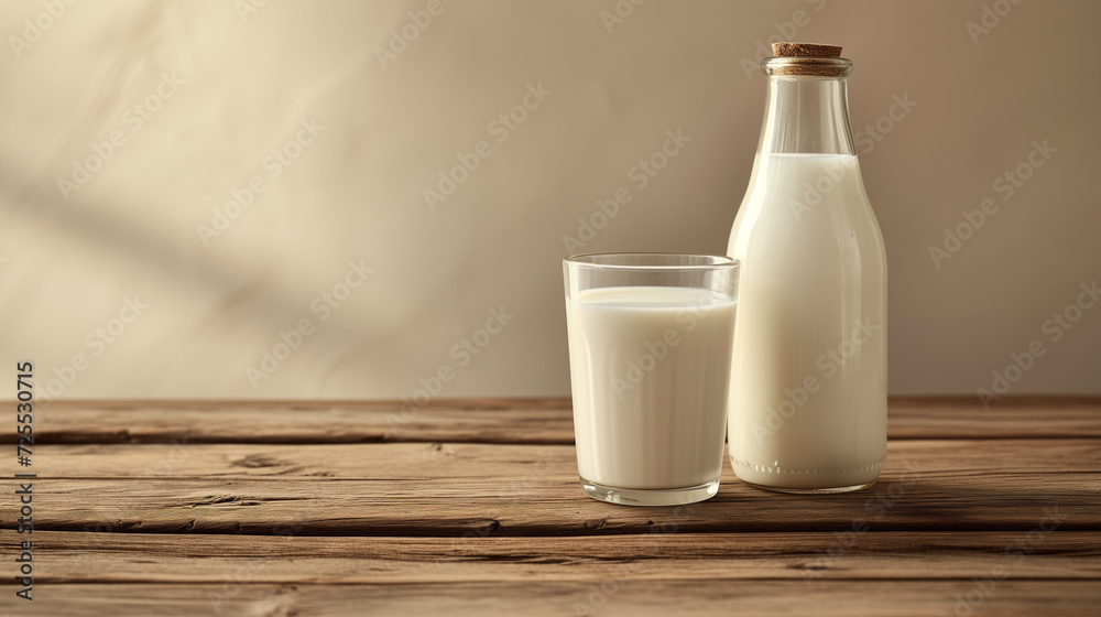 Milk bottle and milk glass on wooden table Milk bottle and milk glass on wooden table