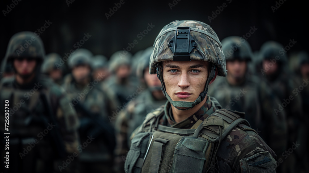 A portrait of a soldier in military uniform and helmet, looking determined with a group of soldiers standing in the background A portrait of a soldier in military uniform and helmet, looking determined with a group of soldiers standing in the background