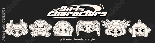 Retro cartoon character in Y2K style. Cyber girls with stars for 90s design. Collection of vector funky futuristic objects	
