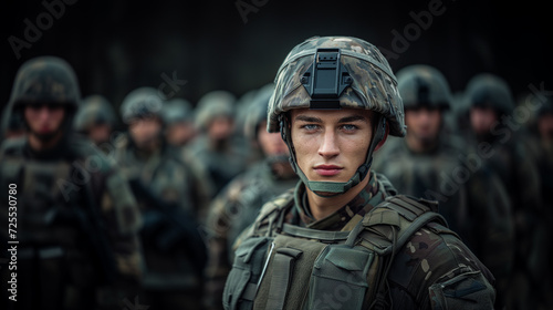 A portrait of a soldier in military uniform and helmet, looking determined with a group of soldiers standing in the background © ZethX