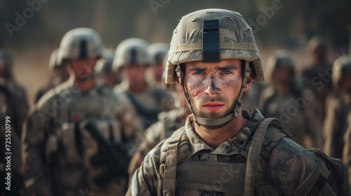 A portrait of a soldier in military uniform and helmet, looking determined with a group of soldiers standing in the background