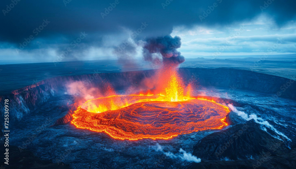 Aerial Panoramic View of a Volcanic Explosive Volcano Eruption With Lava Spewing Against The Twilight Sky