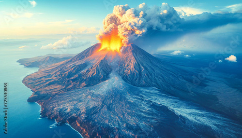 Aerial Panoramic View of a Volcanic Explosive Volcano Eruption With Lava Spewing Against The Twilight Sky