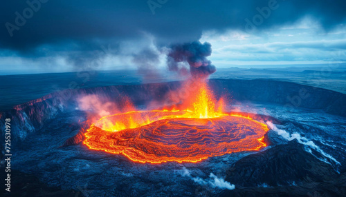 Aerial Panoramic View of a Volcanic Explosive Volcano Eruption With Lava Spewing Against The Twilight Sky