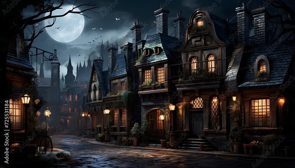 Halloween night scene with haunted house, moon and haunted house.