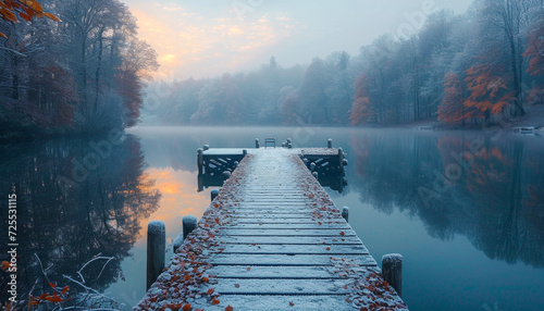 Frosty Dock With Snow Dusted Pier Over Tranquil Lake at Misty Morning Empty Copy Space For Advertisement