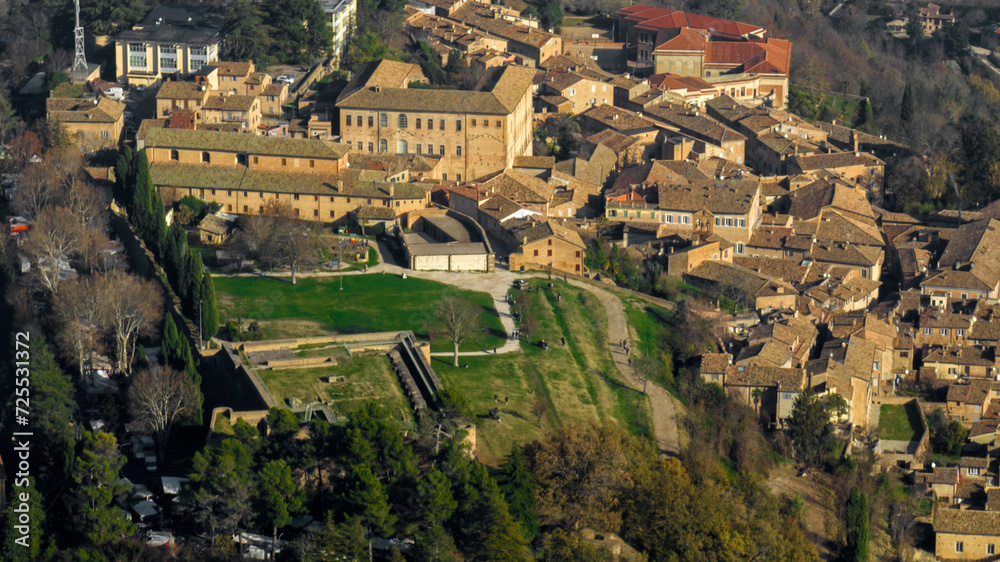 Obraz premium Aerial view of the Albornoz fortress in Urbino, Marche, Italy. It was a large fortress of the city in the Renaissance era. Today it is a public city park.