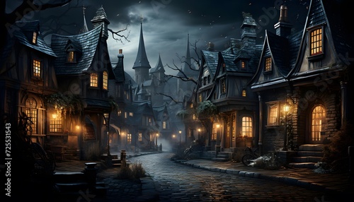 Halloween night scene with haunted house and moonlight in dark forest