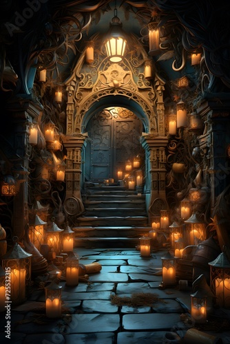 3D Illustration of a Fantasy Temple with Candles in the Dark