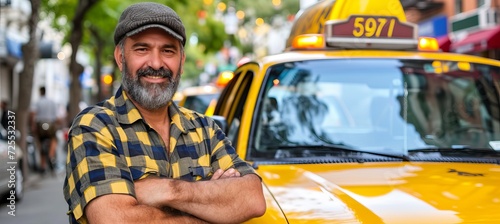 Smiling bearded male taxi driver standing by his cab with copy space for text placement photo