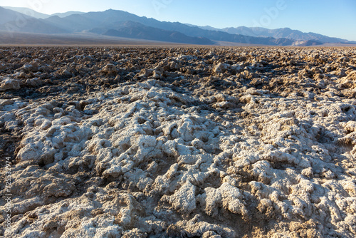 Salt Flats,  dry salt crystals in a dry valley between the mountains, Death Valley