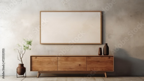 Wooden cabinet, dresser against concrete wall with empty blank mock up poster frame with copy space. Rustic home interior design of modern living room photo