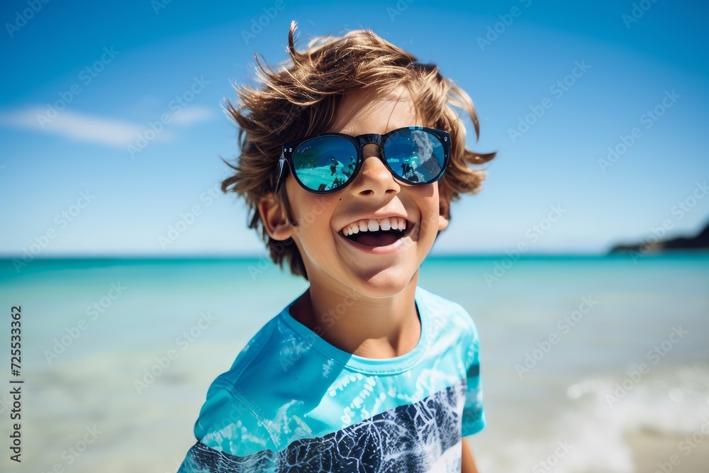 Portrait of a cute little boy in sunglasses on a tropical beach Portrait of a cute little boy in sunglasses on a tropical beach