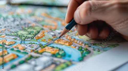Close-up of a hand drawing a sustainable urban development plan on a canvas, global economic zones marked photo