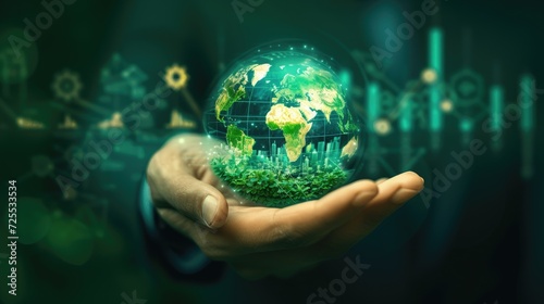 Detailed view of a hand illustrating a green investment strategy, with global economic indicators surrounding
