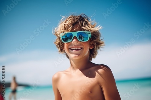 Portrait of happy boy with sunglasses on the beach at summer vacation