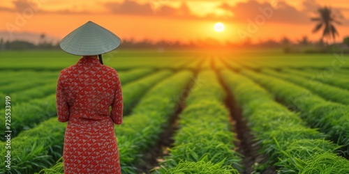 Tranquil Sunrise Over Lush Green Rice Fields With Local Farmer