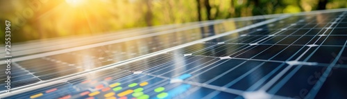 Macro shot of a solar panel surface with financial reports on green investments beside it photo