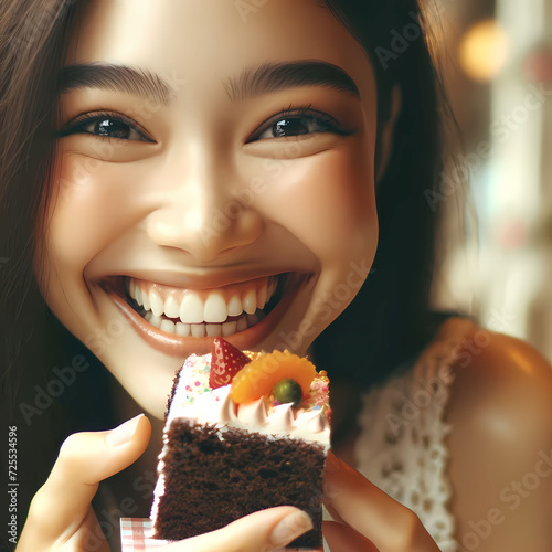 A photo of a smiling girl eating a piece of cake 