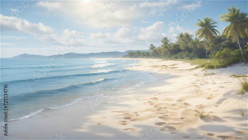 Serene Beach Scene With Footprints on Sandy Shore Under a Cloudy Sky at Midday