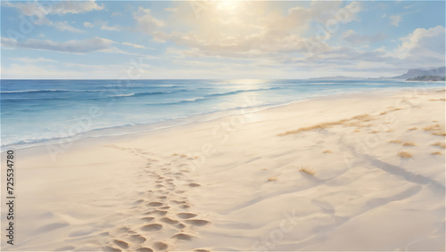 Serene Beach Scene With Footprints on Sandy Shore Under a Cloudy Sky at Midday