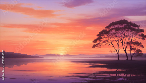 Serene Sunset Reflecting on a Calm River Amidst Silhouetted Trees and Mist © Yuliana