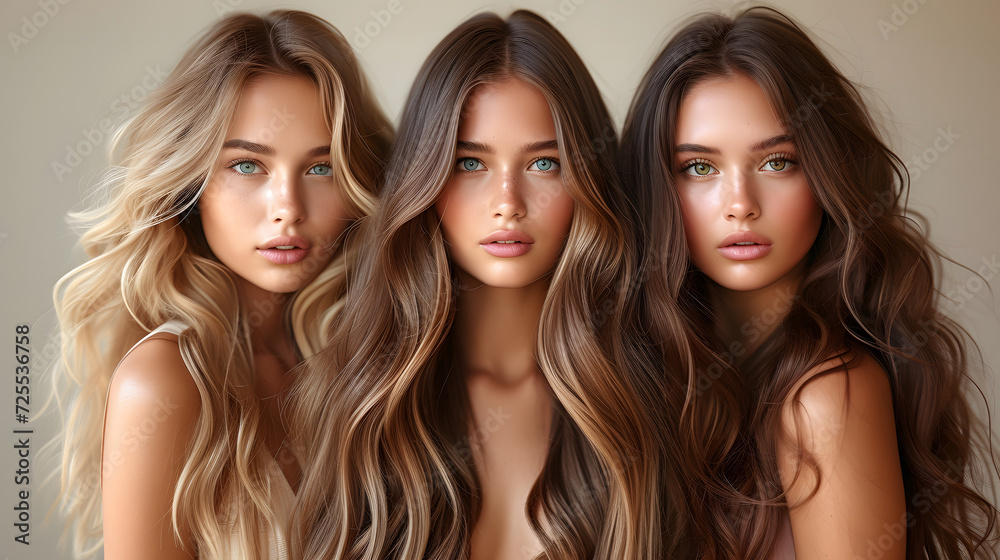 Three beautiful young women with long wavy hair. Beauty, fashion. Three beautiful young women with long wavy hair. Beauty, fashion.